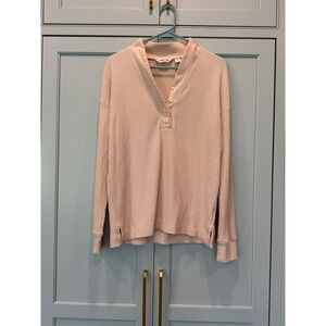 Lands End Womens Waffle Knit Henley Top Pink Long Sleeve Thermal Shirt Medium